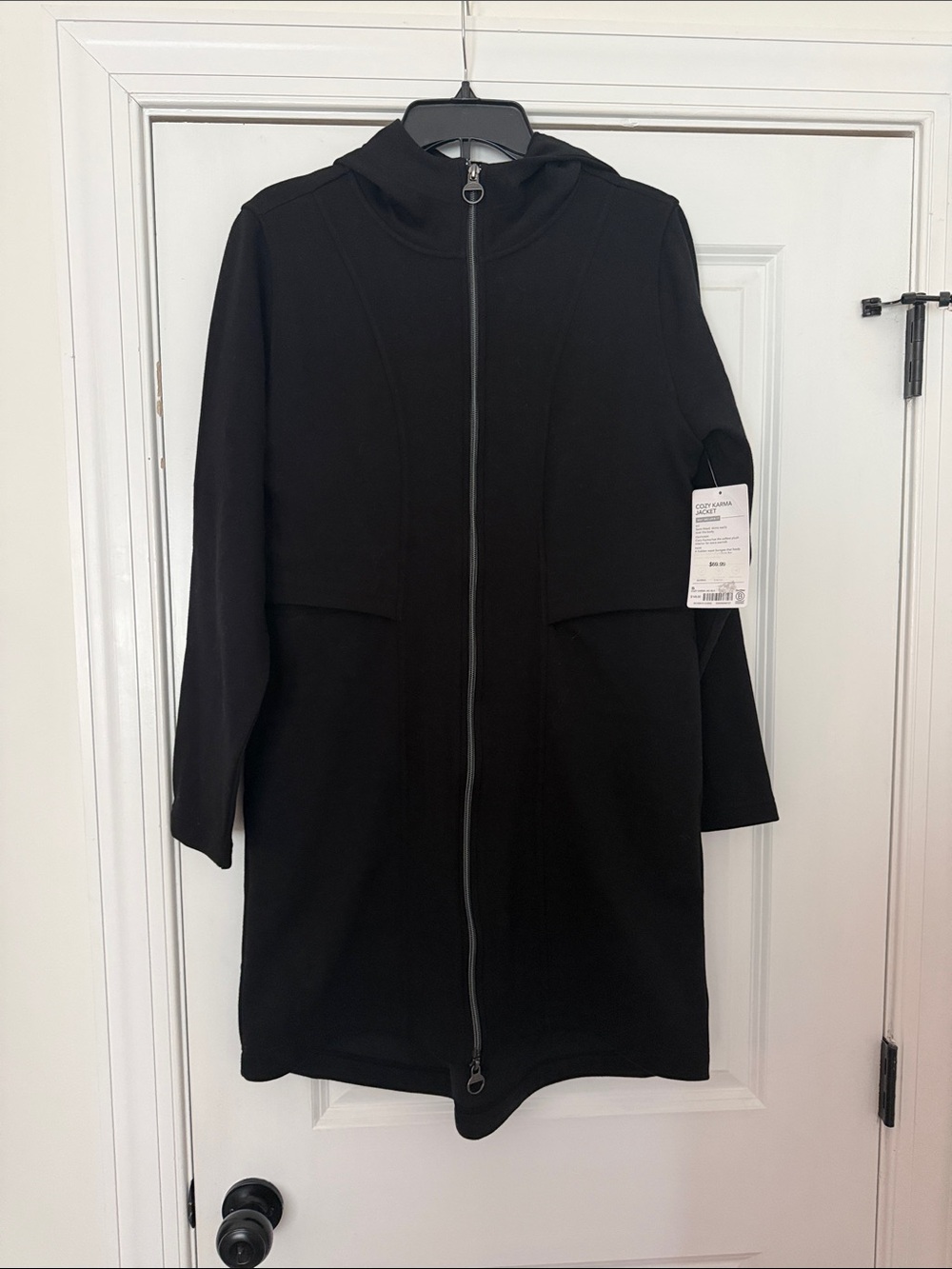 Black Hooded Zip-Front Women's cozy karma jacket. Athleta